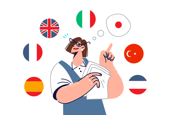 Woman translator calls for learning different languages while standing among national flags  Illustration