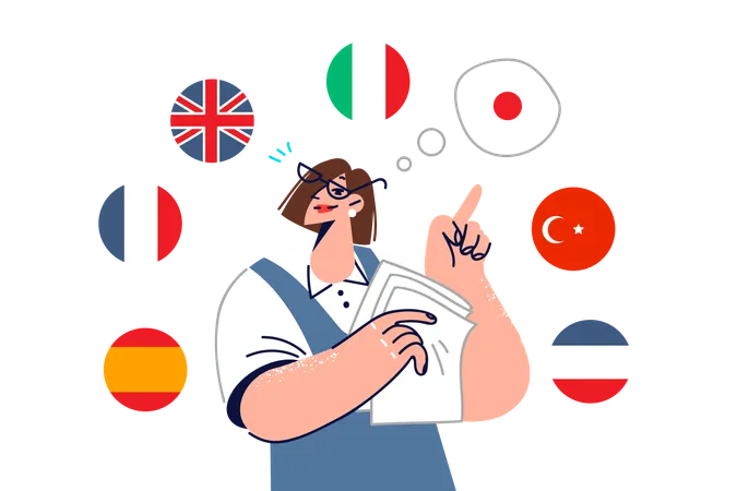 Woman translator calls for learning different languages while standing among national flags  Illustration