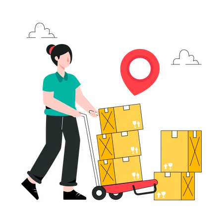 Woman Transport Cargo Trolley  Illustration