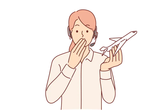 Woman Travel Agent Holds Airplane And Covers Mouth With Hand Feeling Shocked By Information About Plane Crash Girl Agent Of Travel Company Is Nervous After Learning About Cancellation Of Air Service Illustration