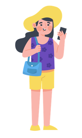 Woman traveler holding mobile Illustration