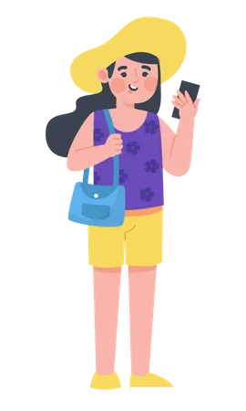 Woman traveler holding mobile  Illustration