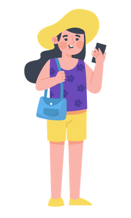 Woman traveler holding mobile  Illustration