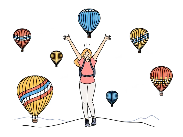 Woman traveler standing among rising balloons and joyfully raises hands up enjoying travel to delightful festival  Illustration