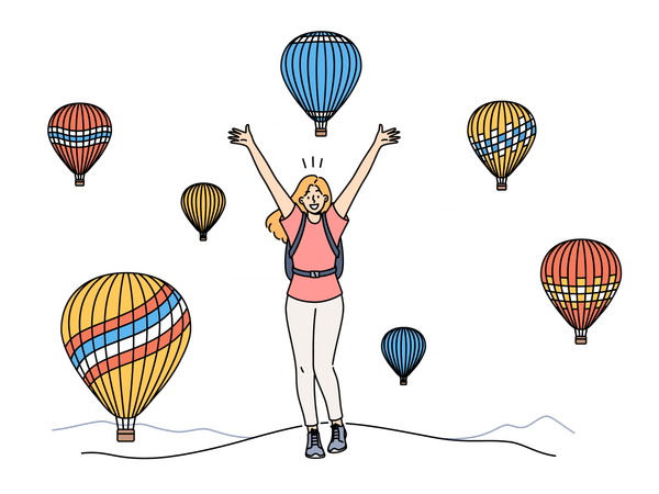 Woman traveler standing among rising balloons and joyfully raises hands up enjoying travel to delightful festival  Illustration