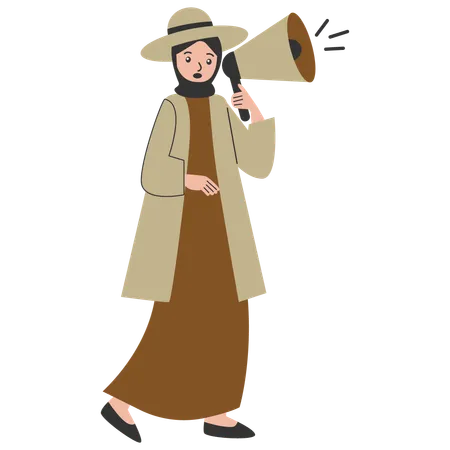 Woman traveler with megaphone  Illustration