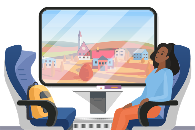 Woman traveling alone in train  Illustration