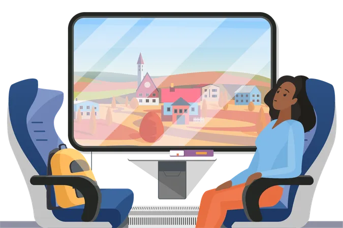 Woman Traveling Alone In Train Compartment Looking Out Window At Autumn Village Landscape Female Young Passenger Sitting On Seat In Wagon Interior Backpack On Chair Cartoon Vector Illustration Illustration
