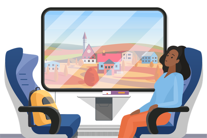 Woman traveling alone in train  Illustration