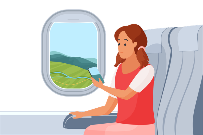 Woman traveling by air plane  Illustration