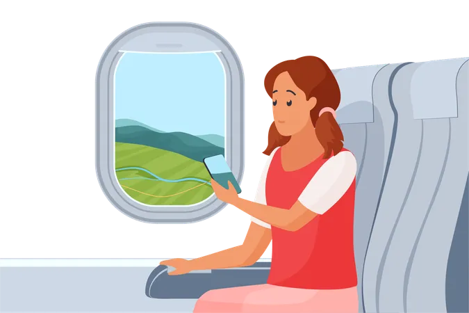 Woman Traveling By Air Plane Sitting On Comfortable Chair By Window With Mobile Phone Cabin Interior Scene With Girl Passenger Taking Photo Of Landscape Through Porthole Cartoon Vector Illustration Illustration
