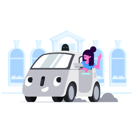 Woman traveling in driverless taxi  イラスト