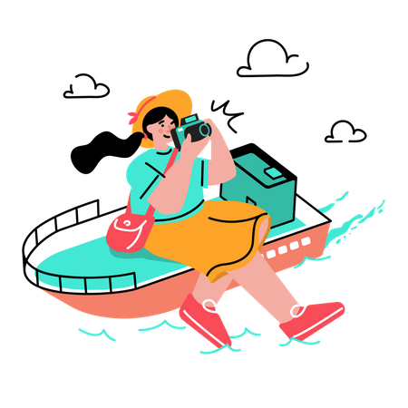 Woman traveling on ship or boat  Illustration