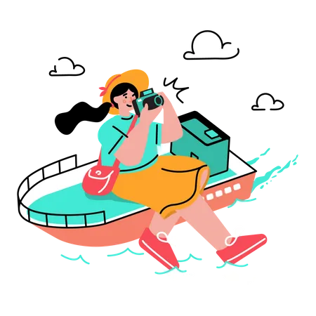 Woman Traveling On Ship Or Boat Illustration Illustration