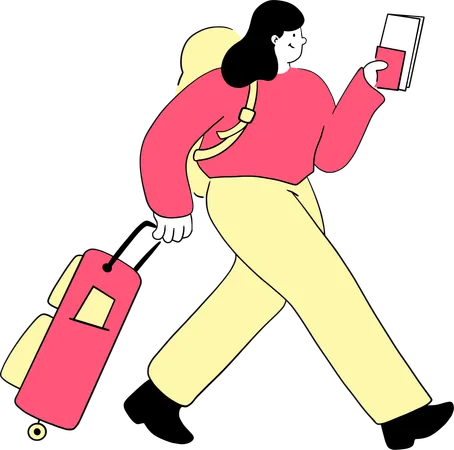 Young Woman With A Suitcase Goes On Vacation Girl With A Suitcase And A Passport With Boarding Pass Tickets Travel Concept Flat Vector Illustration イラスト