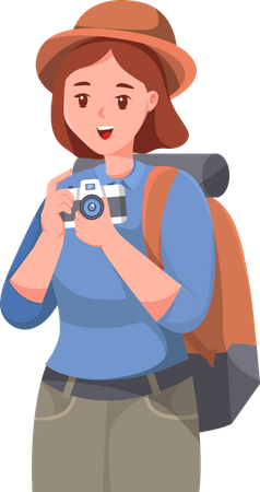 Woman Traveling with Camera  Illustration