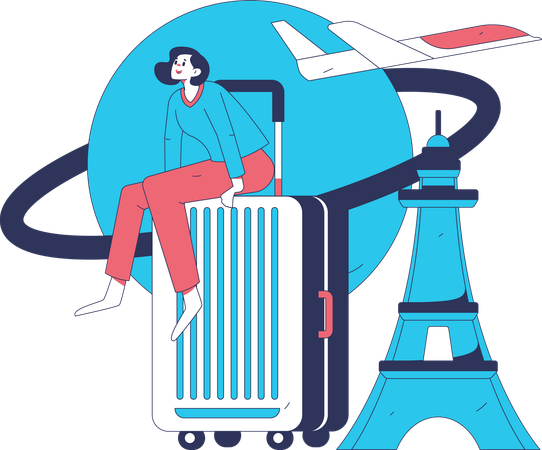 飛行機で海外旅行をする女性  イラスト