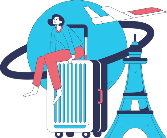 飛行機で海外旅行をする女性  イラスト