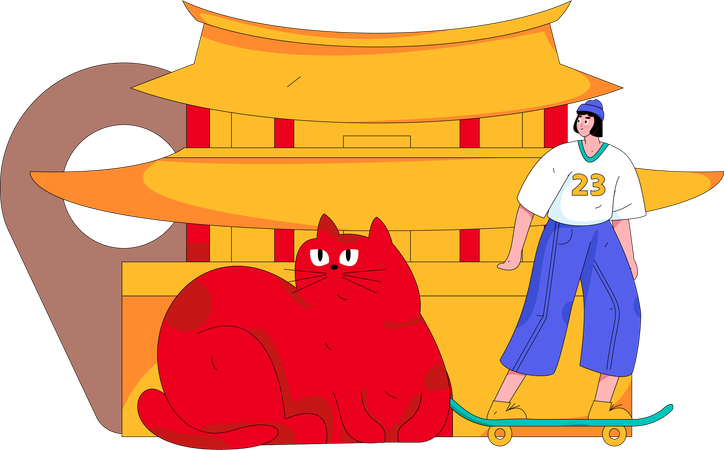 Woman travelling at china with cat  Illustration