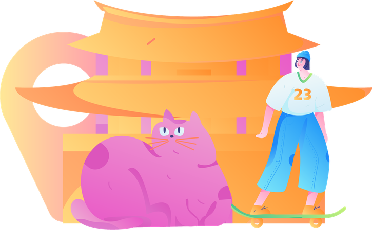 Woman travelling at china with cat  Illustration