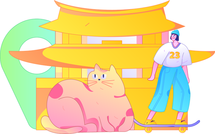 Woman travelling at china with cat  Illustration