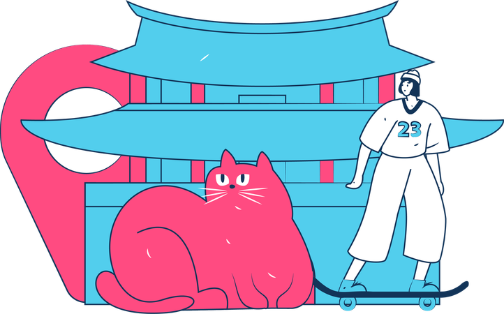 Woman travelling at china with cat  Illustration