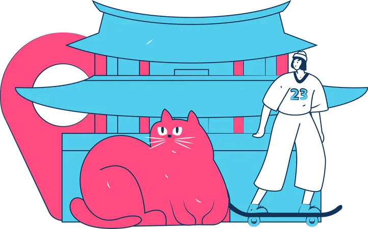 Woman travelling at china with cat  Illustration