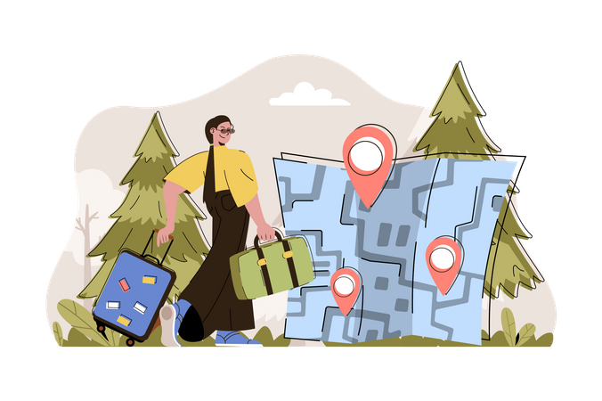 Woman travelling different locations marked on map  Illustration