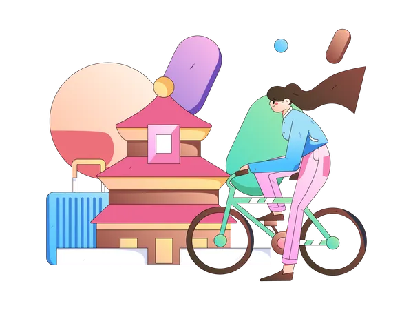 Woman travelling on cycle  イラスト