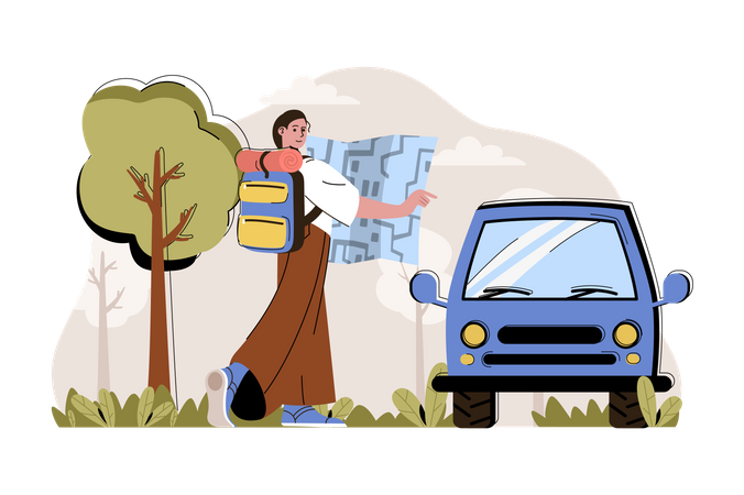 Woman travelling through help of map Illustration