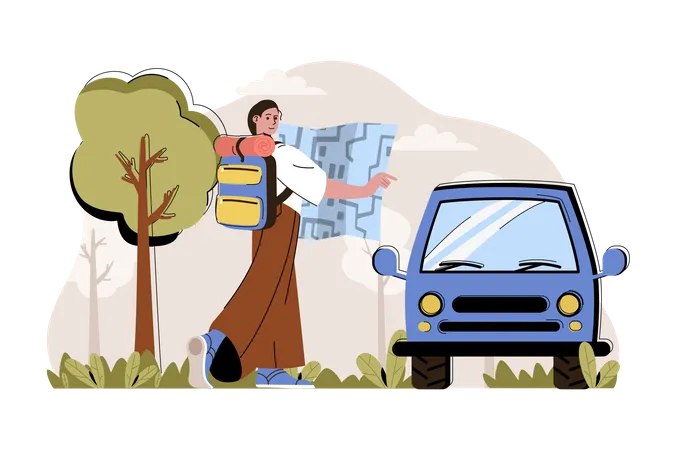 Woman travelling through help of map Illustration