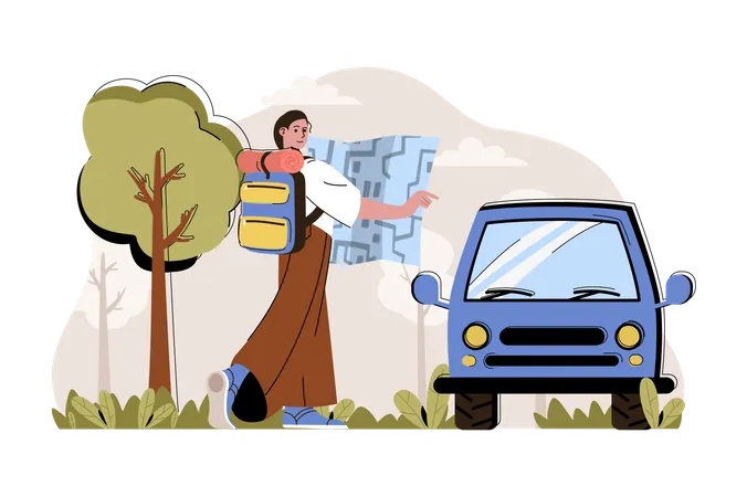 Woman travelling through help of map  Illustration