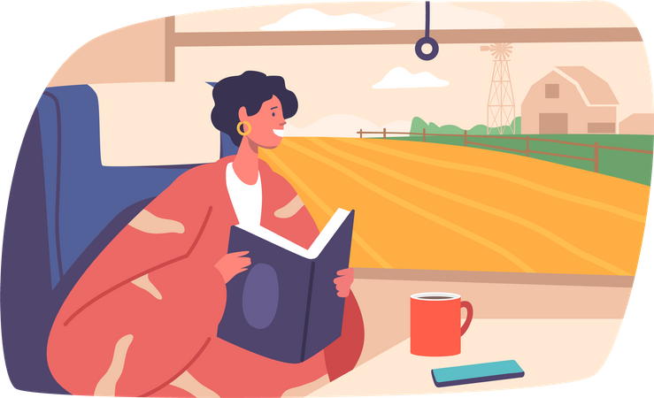 Woman Travels By Train  Illustration