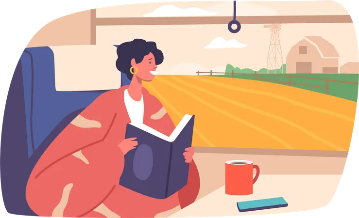 Woman Travels By Train Engrossed In A Book Immersing Herself In Its Pages As The Scenery Blurs Past Her Window Female Character Enjoying Journey Cartoon People Vector Illustration Illustration