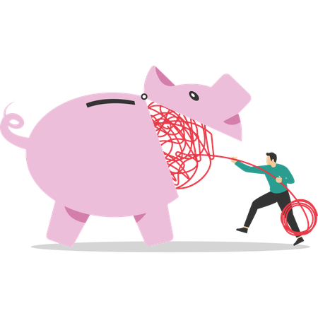 Woman tries eliminate big chaos line from huge piggy bank  Illustration