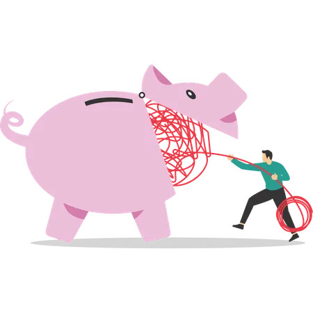 Woman tries eliminate big chaos line from huge piggy bank  Illustration