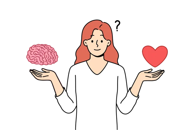 Woman Tries To Balance Between Getting Education And Romantic Relationship Holding Heart With Brain In Hands Choosing Life Priorities And Balance Between Instinct Or Intellect When Making Decisions Illustration