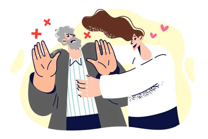 Woman tries to hug resisting man who does not want intimacy and shows stop gesture with hands  Illustration