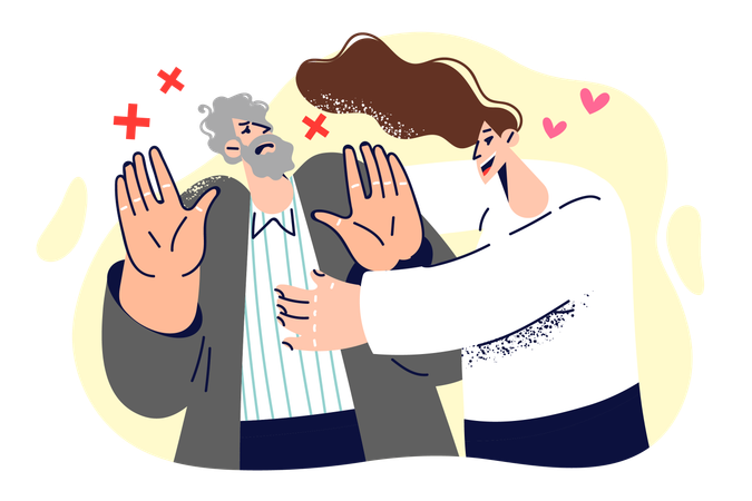 Woman tries to hug resisting man who does not want intimacy and shows stop gesture with hands  Illustration