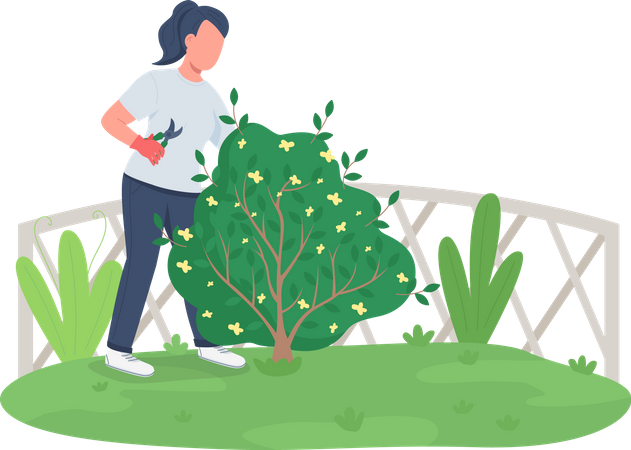 Woman trimming bush  Illustration