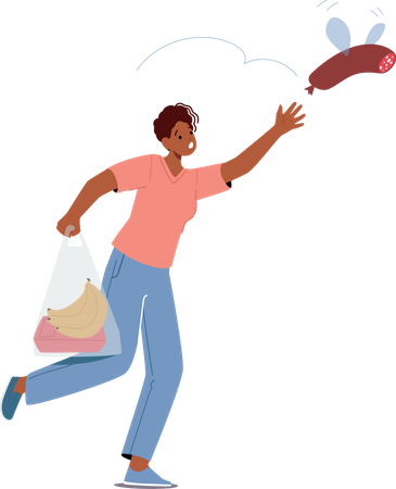 Woman Trying Catch Grocery Illustration