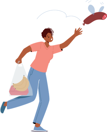 Woman Trying Catch Grocery  Illustration