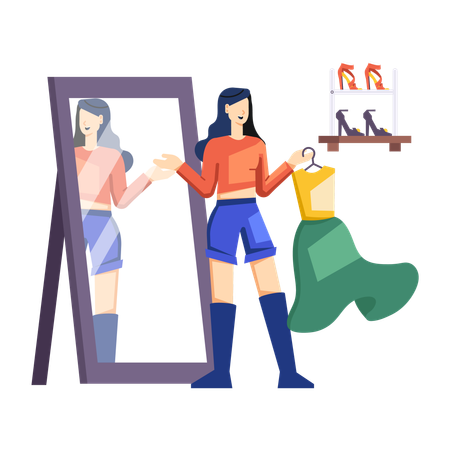 Woman trying clothes in trial room  Illustration