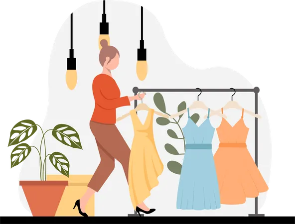 Woman trying different dresses  Illustration