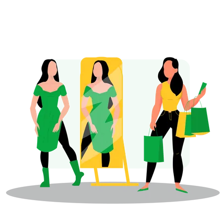 Woman trying dress and showing herself in mirror  Illustration