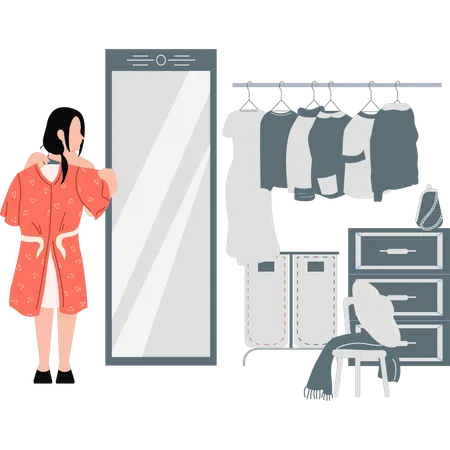 Woman trying dress at shopping store  Illustration