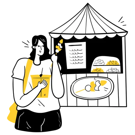 Woman trying food at stall  Illustration