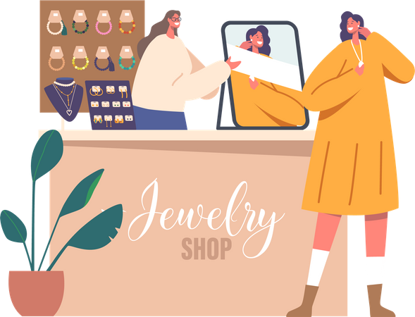 Woman trying necklace in jewelry store Illustration