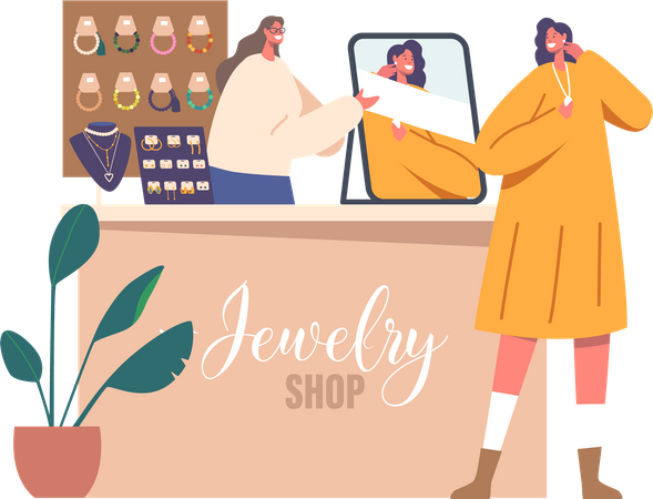 Woman trying necklace in jewelry store  Illustration