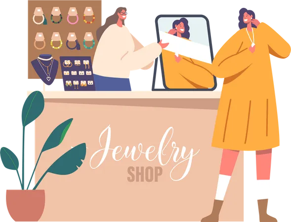 Woman trying necklace in jewelry store  Illustration